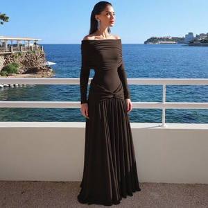 เดรสยาวทรงเอไลน์แบบรัดเอวเปิดไหล่สไตล์ฝรั่งเศส แขนยาว ผ้าเรียบหรู เหมาะสำหรับงานเลี้ยงกลางคืน - Product Image 2