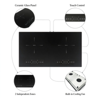 Kompor Induksi 2 Tungku 4800W Built-in, Dua Zona, Listrik, Kaca Keramik, Kontrol Sentuh, untuk Rumah, Dapur, Hotel