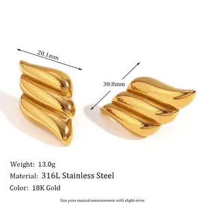 Designer Vintage PVD 18K Gold Plated Titanium Earrings Striped Wave Stud Studs Non-Tarnish Stainless Steel Wings Trendy Gifts
