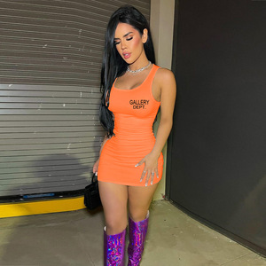 C1287 Großhandel New <span class=keywords><strong>Fashion</strong></span> Einfache Designer Brief druck Solid Knitted Women Casual Sun Dress - Product Image 3