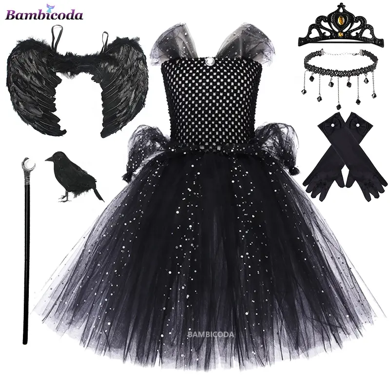 लड़कियों की हेलोलीन दुष्ट चुड़ैल काले गाउन ट्यूटू ड्रेस के साथ पोशाक विटोरियन फैंसी पोशाक के साथ काले रंग की रानी खलनायक