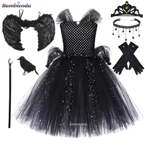 Robe tutu noire sorcière pour filles Halloween avec châle en plumes Costume fantaisie victorien pour enfants Dark Queen Villain Cosplay