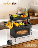 Multifunktionale Brotbox aus Bambus, Obstkorb mit Erhöhtem Regal, Transparente Tür, 2 Bananenhaken - Großer Schwarzer Küchenorganizer