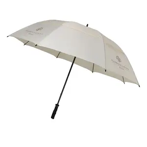 Parapluie de golf de marque imprimée en vrac à ouverture automatique, cadre en fibre coupe-vent à double couche avec logo personnalisé