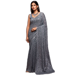 Superbe saree gris ardoise pailleté en georgette pour robes de cocktail - Product Image 1