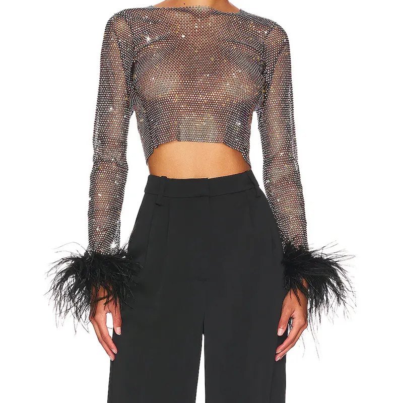 Fashion Party Crystals Tank Tops See Though Sexy Long Sleeves Feathers Crop Top Trendy Mesh Top