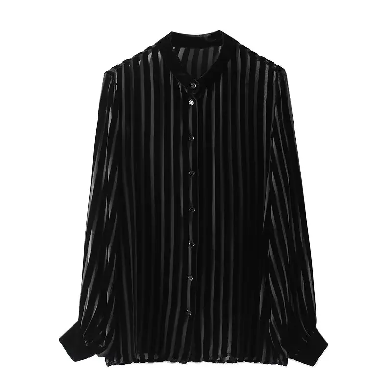 KAOPU ZA-Camisa vintage de terciopelo a rayas para mujer, blusas femeninas de manga larga con botones y cuello redondo, Top elegante