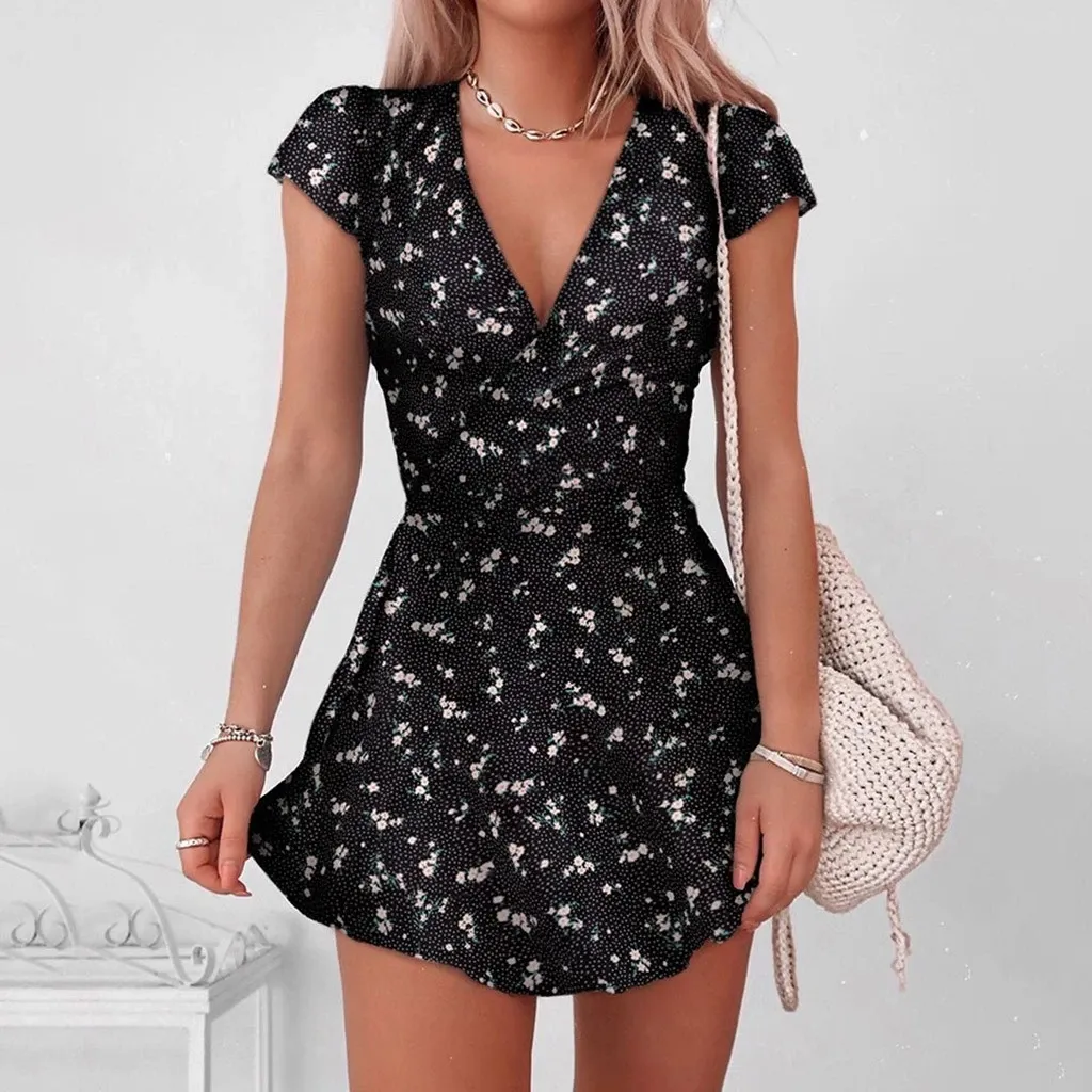 New In Floral Print Wrap Summer Dress Women 2023 Sundress Short Sleeve Sexy V Neck High Waist Slim Fit Short Mini Dresses Femme