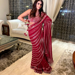<b>Red</b> Georgette Floor-Length Saree Set Beaded Ethnic Indian Pakistani Outfit Elegant <b>Blouse</b> Dress Quick-Dry for Wedding Party - Product Image 1