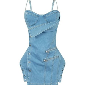 Robe mini moulante Y2K en jean pour femme, dos nu, asymétrique, sexy, style bandage, collection été, best-seller - Product Image 4