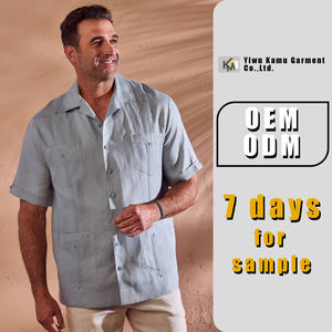 Camisa <span class=keywords><strong>Guayabera</strong></span> personalizada del fabricante para hombre, camisa de vacaciones de lino 100% con diseño plisado, cuello cubano de cuatro bolsillos para ropa de verano - Product Image 2