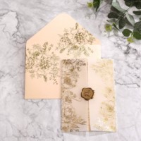 Juego de Sobres para Invitaciones de Boda de Lujo en Color Rosa Melocotón, con Sello de Cera Dorado con Diseño Floral de Peonía y Rosa, Impresión Personalizada en Formato L