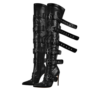 Bottes Punk Over-The-Knee pour femmes Bottes gothiques à talons aiguilles cloutées à boucles multiples - Product Image 2