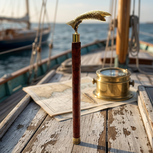 TMI TM22064 Handmade 36'' <b>Foldable</b> Brass <b>Walking</b> Cane Leather <b>Stick</b> Adjustable Wooden Shaft Shiny Brass Fish Handle Rubber Tip - Product Image 3