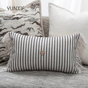 Coussin décoratif moderne tissé à rayures avec franges et <span class=keywords><strong>bouton</strong></span> décoratif, coussin lombaire Wabi-sabi pour canapé-<span class=keywords><strong>lit</strong></span> - Product Image 3