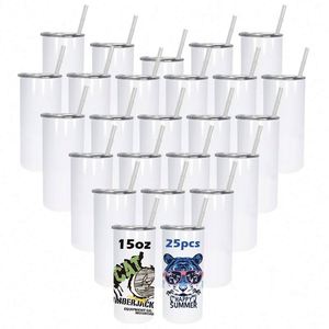 RTS USA en Stock, 25 unidades/caja, Vaso Recto de Acero Inoxidable de 15oz para Sublimación con Pajita de Plástico, Caja Blanca Contemporánea para Regreso a Clases - Product Image 1