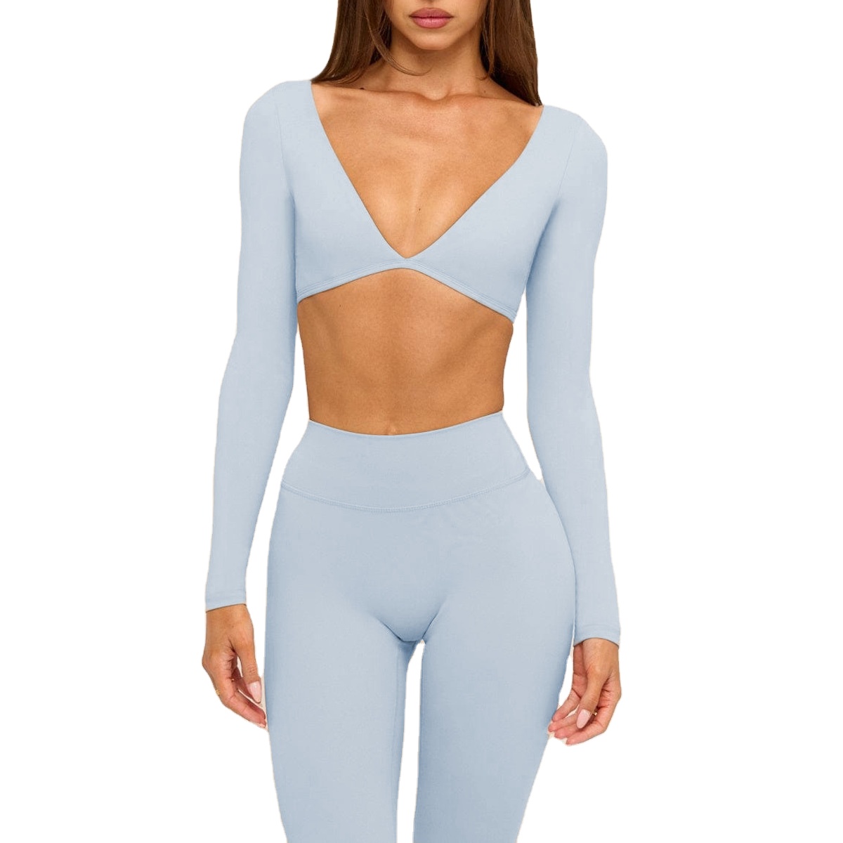 Women's Quick-Dry Stretchy Four-Way Breathable Solid Yoga Top Breathable Long Sleeve Sexy Deep V Neck Gym Crop Tops