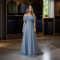 Robe de soirée bleu pétale de vigne à sequins, épaules dénudées, sans manches, coupe trapèze, ornée de perles, pour mariage et fête, fournisseur personnalisé, vente en gros
