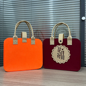 Customized <b>Felt</b> Tote Bags Orange <b>Red</b> 25x30x14.7cm Heat Transfer Printing Square Shape Promotional Gift Bags - Product Image 1