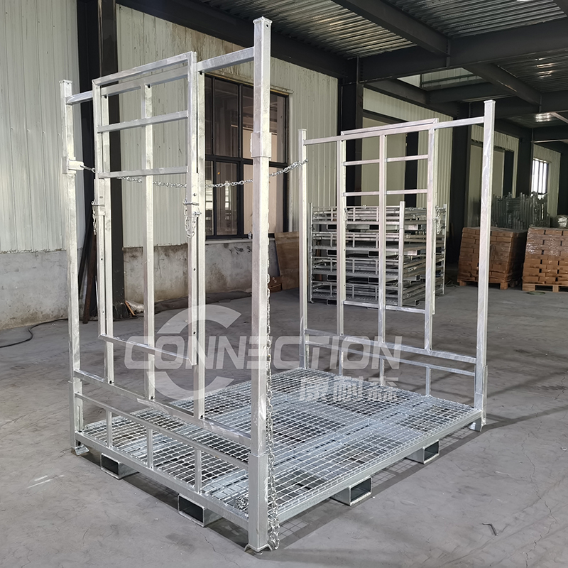 Tùy Chỉnh Có Thể Gập Lại Và Xếp Chồng Kho Lưu Trữ Stillage Pallet Bốn Cột Xếp Chồng Giá Bền Mạ Kẽm Xếp Chồng Kệ