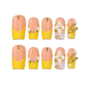 Designs d'ongles carrés faits à la main, 10 pièces, motif feuille orange, rayures, fleurs 3D, ensemble d'ongles carrés, extension d'ongles - Product Image 5