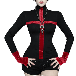 Top da Donna Gotico per Halloween, Stampa Digitale Patchwork Nero-Rosso, Aderente in <span class=keywords><strong>Viscosa</strong></span> e Spandex, Antirughe, Maniche Lunghe - Product Image 1