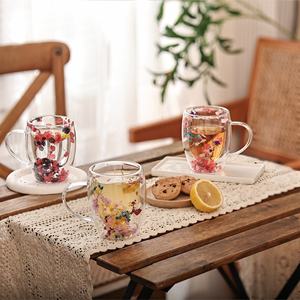 Tasse en verre à double paroi créative pour femmes avec poignée, nouveau design, fleurs séchées, mug à café Shelly, tasses à thé et soucoupes - Product Image 4