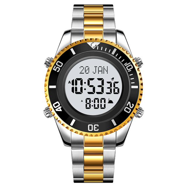 SKMEI 2141 Classic Islamic Athan Reminder with Auto-Qibla Stainless Steel Al-Fajr Time Azan Watch for Muslim Prayer