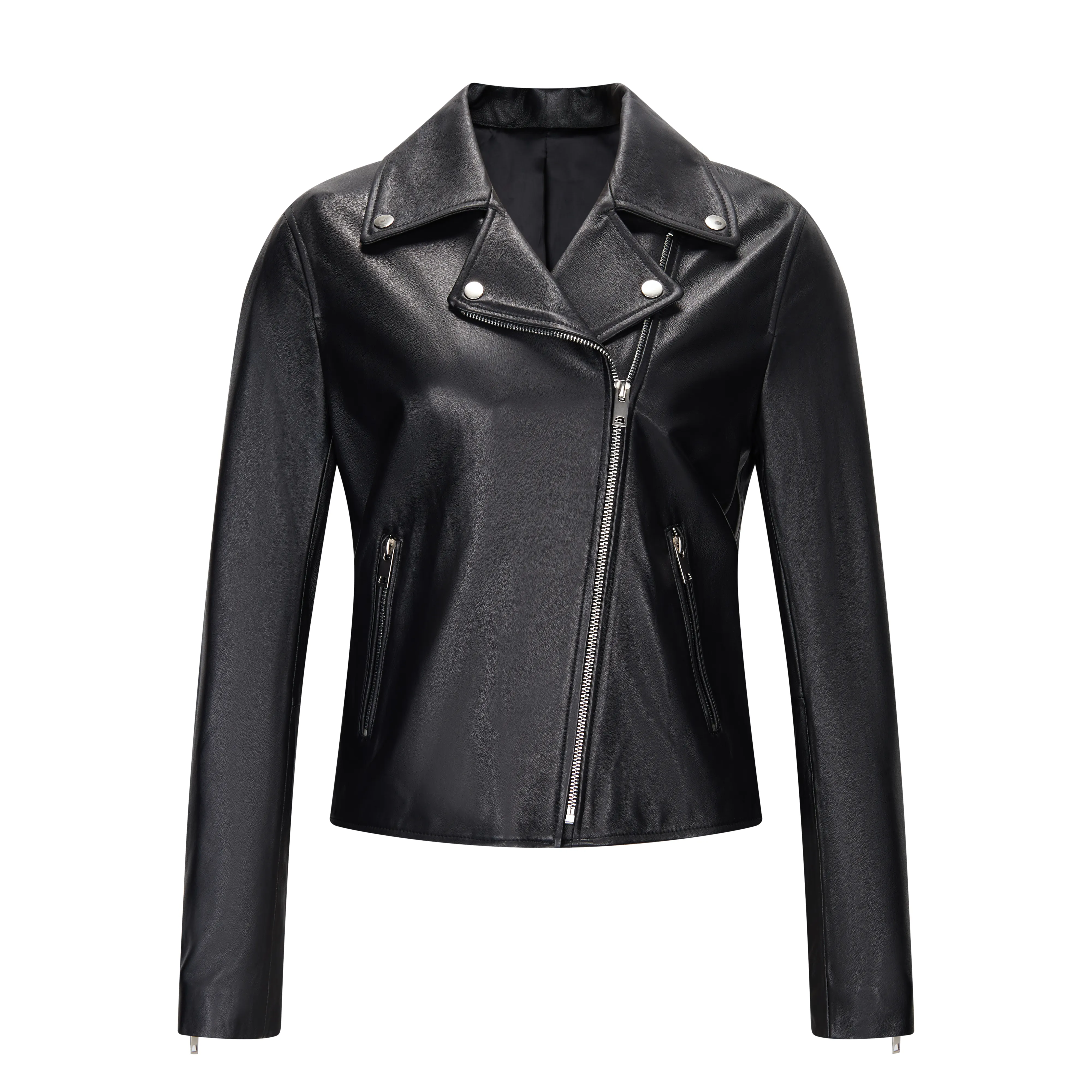 RTS Luxury Stylish Women Pure Black GENUINE Lamb Skin REAL Leather Slim Pilot Jacket