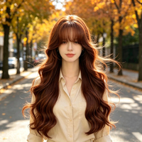 Perruque brune bouclée, avec une frange fine de style français, une coiffure lâche et sans nœuds, idéale pour un usage quotidien.