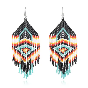 Handmade Colorful Rice Beads Chandelier Earrings With Tassel Jewelry For Women And Girls