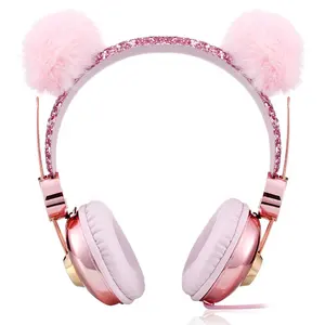 OEM Factory High Quality Bling Cute Kids Earphones Headphones Pink Girls Wired Headphones with Microphone