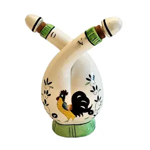 Vintage Italy Style Rooster Custom 2 in 1 Kitchen Tool Ceramic Oil Vinegar Double Neck Twisted Cruet