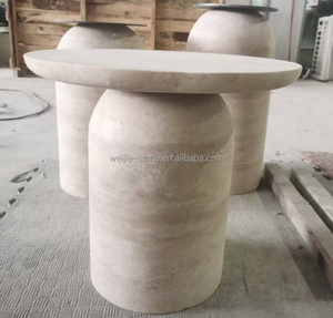 Mesa de centro de travertino Mesa auxiliar de café de mármol travertino redonda de travertino blanco marfil para sala de estar - Product Image 1