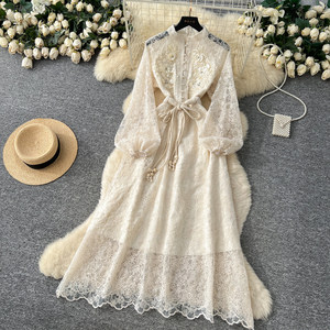Elegante Abito in Chiffon con Ricami Floreali 3D e Vita Allacciata, Lussuoso Vestito da Sera Autunnale per Donna - Product Image 5