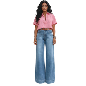 Jean taille haute évasé pour femme - Pantalon palazzo en denim extensible - Tendance - Product Image 1