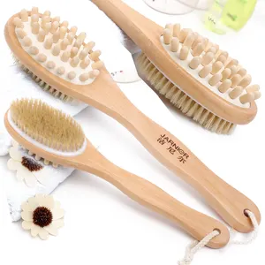 Brosse de douche à manche longue, brosse à poils naturels en bois double face pour poils secs et humides, pour le brossage de la peau sèche