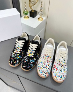 Chaussures de course de luxe sur mesure en cuir véritable blanc avec lacets, semelle extérieure en caoutchouc, pour l'entraînement d'automne, motif encre <span class=keywords><strong>graffiti</strong></span> éclaboussante, polyvalentes - Product Image 1