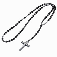 Collier de prière en perles d'œil de tigre noir et d'hématite pour homme, perles de pierre de 6 mm, longue chaîne, pendentif croix pour bijoux religieux