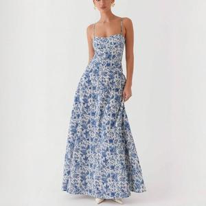 Custom Wholesale Women's Casual Summer A-Line Flare Backless Sleeveless Halter Collar Maxi Printed Cotton Linen <strong>Dress</strong> Loose Long - Product Image 5