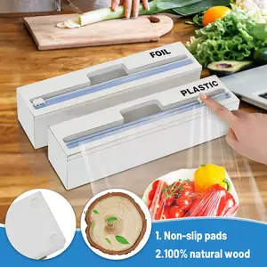 Bamboo White Plastic Cling Wrap Dispenser With Cutter Foil Organizer For Drawer Aluminum Foil Dispenser Organization And Storage