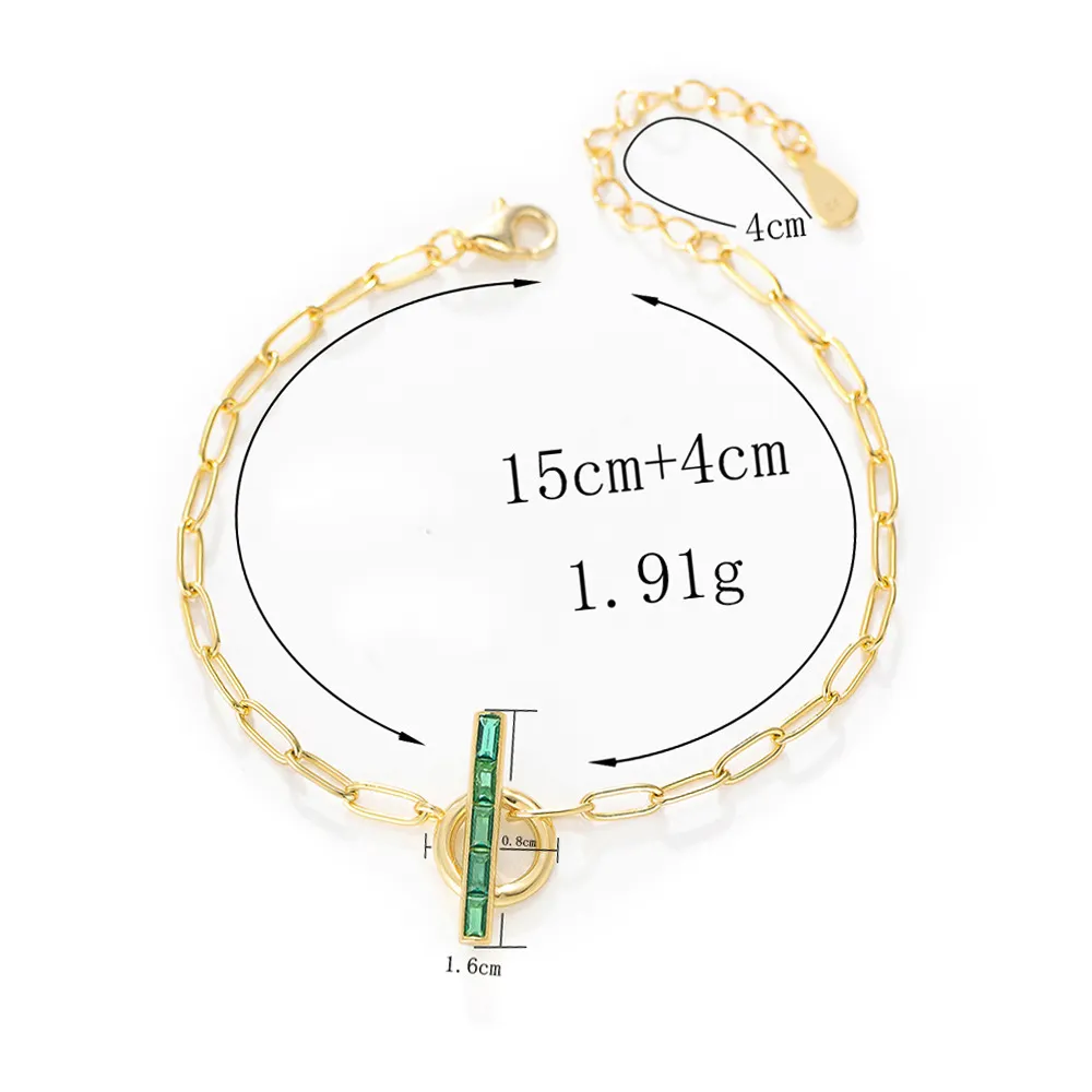 Customized jewelry Delicate 18k gold plated 925 sterling silver paper clip chain green zircon OT clasp charm bracelet