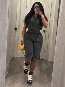 Conjunto Casual de Dos Piezas para <span class=keywords><strong>Mujer</strong></span>, Color Sólido, Manga Corta, Top <span class=keywords><strong>Corto</strong></span> con Capucha y Pantalones Cortos a Juego, Ropa Urbana Femenina - Product Image 2