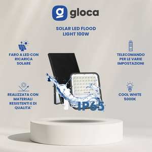 Projecteur LED solaire extérieur Gloca 100W 5000K avec panneau solaire et télécommande, corps en aluminium à montage en surface - Product Image 2