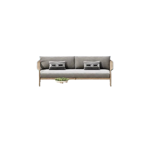 Sofá de jardín escandinavo Qiu de tres plazas con cojines grises y estructura de madera, muebles de exterior - Product Image 5
