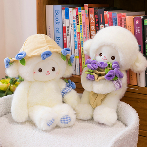 Peluche di Agnello Bianco Carino con Bouquet di Rose Viola, Morbido Pupazzo Imbottito per Bambini, Regalo di Compleanno per Fidanzata, Decorazione - Product Image 5