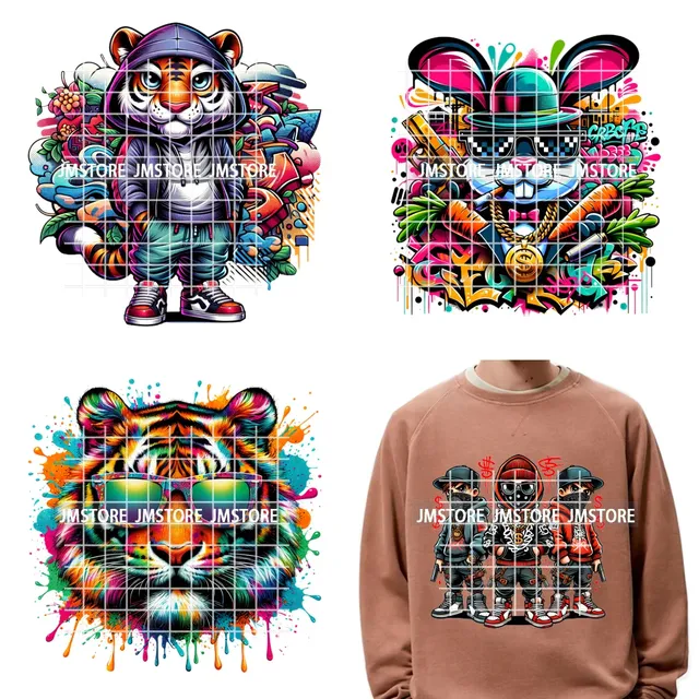 12in Cartoon Graffiti Streetwear Tiger Bunny Animal King Hip Hop Poster Iron on DTF Transfer Stickers Ready to Press for Hoodies
