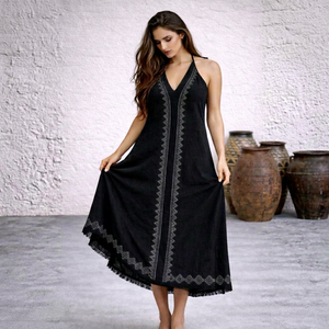Vestido Halter de Moda para Mujer, Vestido Maxi de Algodón con Estampado Étnico Tradicional, Atuendo para Festivales y Fiestas - Product Image 1
