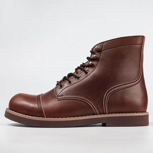 Botas de Hombre de Cuero Genuino Marrón con Cordones, Punta Redonda, Suela de Goma, Zapatos para Caminar para Todas las Temporadas - Product Image 1