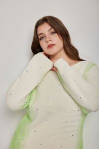 Women Knitted Pullover Spring 2026 100%Cotton Casual Gradient <strong>Knit</strong> <strong>Sweater</strong> Plus Size Light Green &amp; <strong>White</strong> with Purple Dot Details - Product Image 5